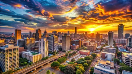 Fototapeta premium Vibrant sunsets cast a warm glow on sleek skyscrapers and bustling streets of Johannesburg, South Africa, showcasing the city's modern urban landscape.