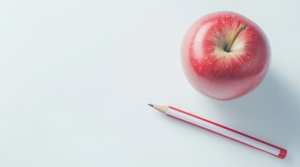 A red apple sits on a table next to a pencil