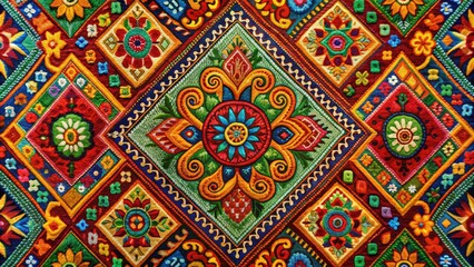 Vibrant textile featuring a mix of bold geometric patterns, intricate swirls, and nature-inspired motifs in a kaleidoscope of bright colors and earthy tones.