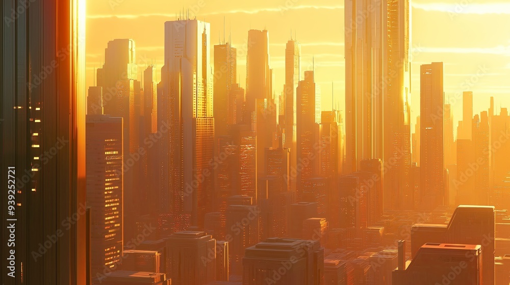 Poster a city skyline dominated by towering skyscrapers with sharp, angular lines and sleek, vertical empha