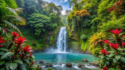 Vibrant tropical rainforest surrounds a serene waterfall, with exotic flowers and lush greenery, in the heart of Costa Rica's stunning natural paradise.