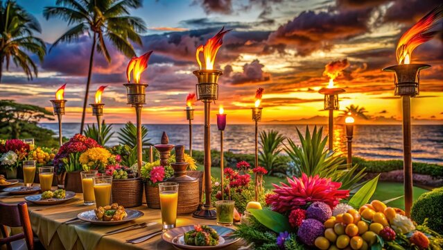 Vibrant tropical sunset backdrop with colorful tiki torches, exotic flowers, and a sumptuous Hawaiian-inspired feast spread, evoking a festive and carefree island atmosphere.
