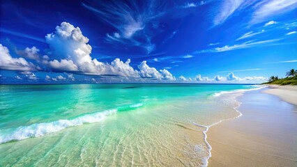 Vibrant turquoise waves gently lap against the powdery white sand of a serene and peaceful tropical beach under a bright blue cloudless sky.