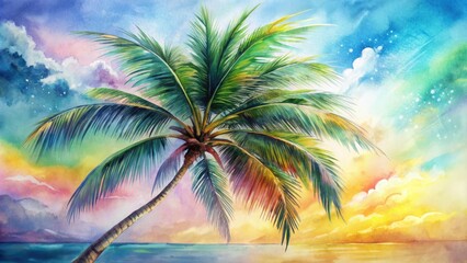 Vibrant watercolor illustration of a palm tree sway­ing gently in the breeze, with soft brushstrokes and pastel hues evoking a sense of tropical serenity.