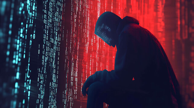A hooded figure sits with head bowed in a digital space, binary code streams down the walls.