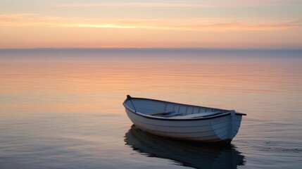 Naklejka premium Solitary Rowboat at Sunset on a Calm Lake