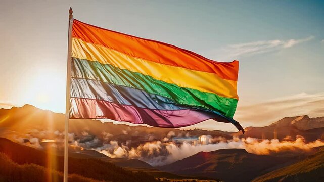 Colorful pride flag waves gently in the breeze during a stunning sunset, symbolizing unity and acceptance in a serene coastal environment.