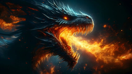 An intense close-up of a dragon's head as it roars, with vibrant fire emerging from its mouth