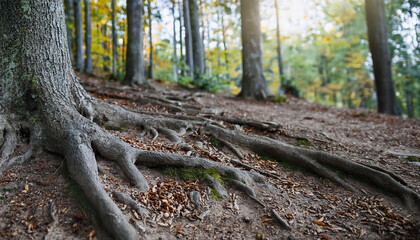 Roots of huge trees in forest at morning time. Autumn season. Beautiful nature.