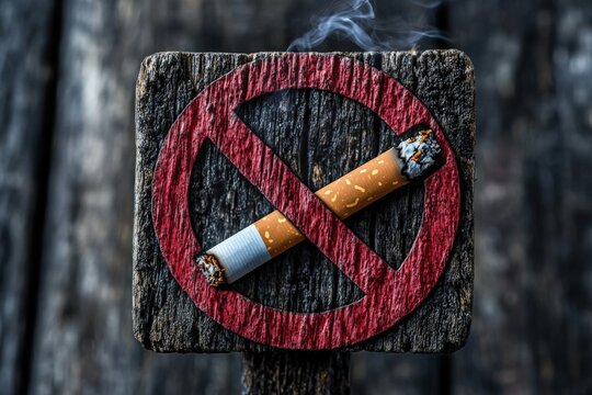 A no smoking sign is displayed prominently, with a broken cigarette juxtaposed against a rugged wooden background. It symbolizes the fight against smoking and health awareness.