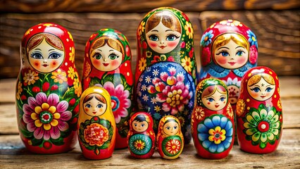 Fototapeta premium Vibrant wooden matryoshka doll with intricately painted floral patterns and golden accents, surrounded by smaller identical dolls, stacked in a colorful nesting arrangement.