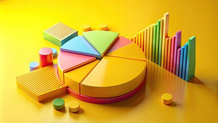 Obraz premium Vibrant yellow background highlighting a colorful 3D pie chart with segmented sections, showcasing data analysis and statistics in a modern and engaging visual representation.