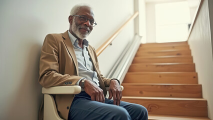 Older man on stairlift with copy space