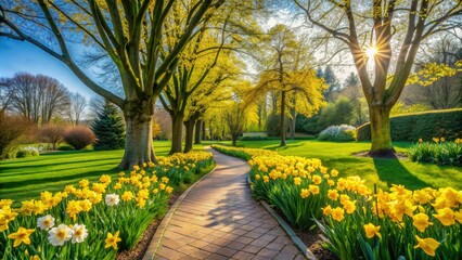 Obraz premium Vibrant yellow daffodils and blooming trees surround a winding brick path in a lush green garden on a sunny March spring morning.