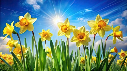Obraz premium Vibrant yellow daffodils sway gently in the breeze, surrounded by lush green foliage, against a serene blue sky, symbolizing hope and renewal in spring.
