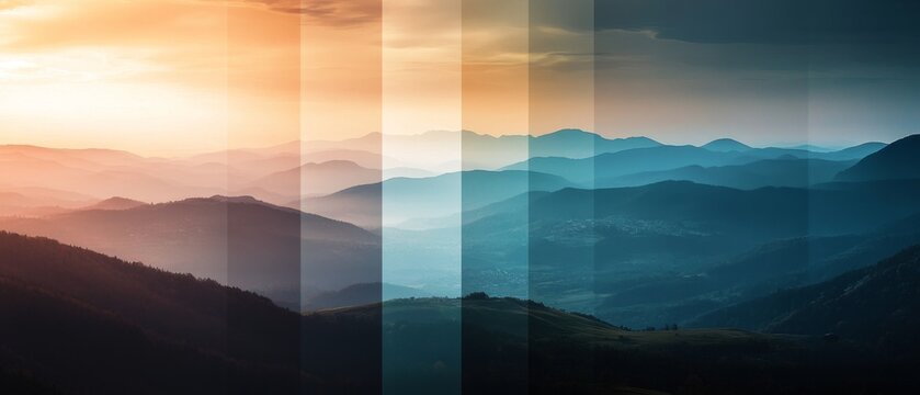 Visualize a time-lapse inspired composition, merging morning, noon, and evening into one frame, highlighting the gradual change in light and atmosphere