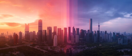 Fototapeta premium Illustrate a time-lapse inspired still photo, showing a cityscape transitioning from dawn to dusk, capturing the changing colors of the sky
