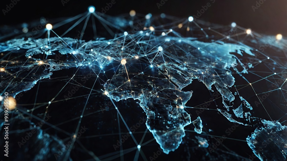 Wall mural new light world map with glowing lines and city lights global network concept 3d rendering generativ