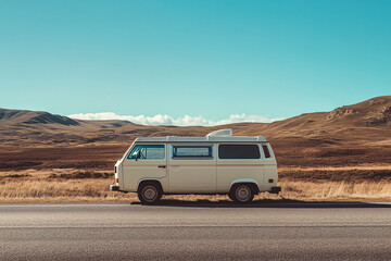 Obraz premium A family van parked by the roadside, with ample room for text on a clean background.