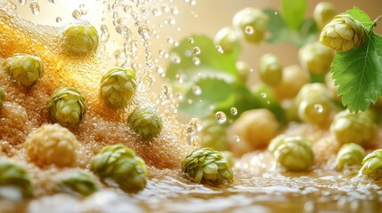 Fresh hops splash into amber liquid, creating a lively, frothy display of nature's bounty