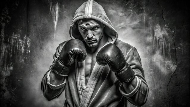 Vintage black and white photograph of a determined boxer in a classic fighting stance, wearing a robes and gloves, against a rustic background.