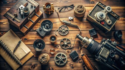 Vintage filmmaker's directorial equipment and antique cameras lay scattered on a rustic wooden table amidst scattered scripts and nostalgic Hollywood memorabilia.