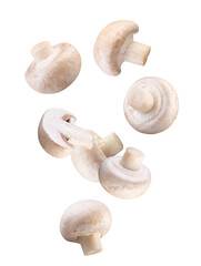 Whole and halves of champignon form an abstract figure in space. Isolated on white