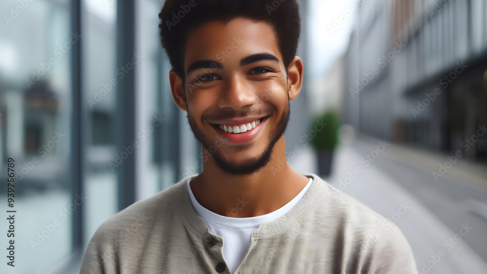 Wall mural cheerful handsome young african man head shot front portrait. happy positive attractive male entrepr