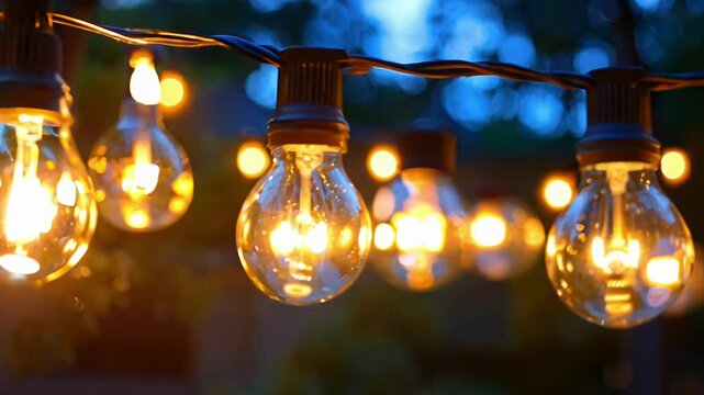 String lights create a cozy ambiance for a gathering as dusk settles, casting a warm glow in the evening sky.