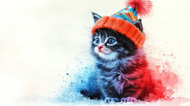A cute kitten with bright blue eyes, adorned in a vibrant party hat, exudes joy
