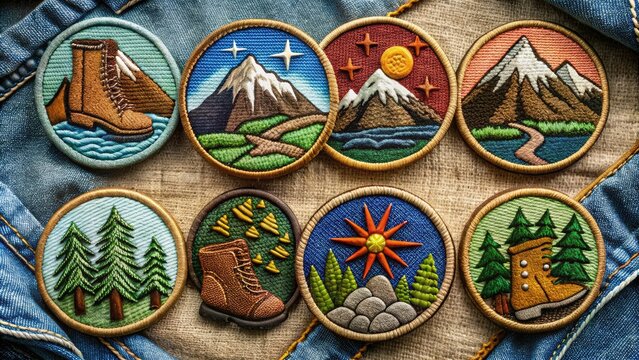 Vintage-style embroidered badges featuring scenic mountain landscapes and outdoorsy icons like hiking boots, trees, and compasses, perfect for enthusiast's gear or adventure-themed designs.