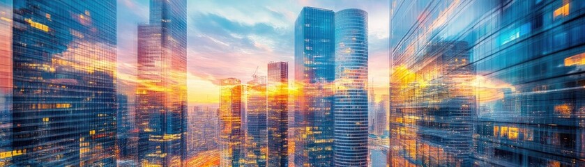 Obraz premium Stunning cityscape at sunset, showcasing modern skyscrapers and vibrant colors that blend harmoniously in a futuristic skyline.