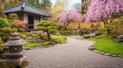 A serene Japanese garden with cherry blossoms, stone pathways, and a tranquil pond.