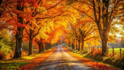 Warm autumn light casts long, flat shadows on a deserted rural road, surrounded by vibrant orange and yellow leaves, evoking a sense of serene isolation.