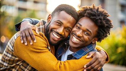 Fototapeta premium Warm embrace between two African American friends, smiling and laughing together, conveying comfort, trust, and strong bonds of friendship and unity.