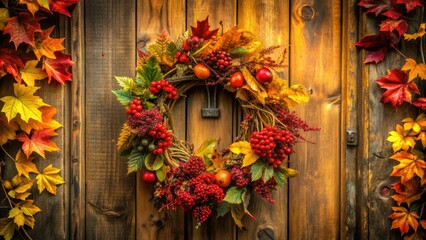 Warm golden lighting illuminates a rustic wooden door adorned with a lush, vibrantly colored fall wreath, featuring seasonal leaves, twigs, and velvety red berries.