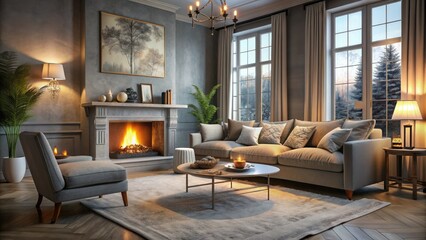warm grey walls, plush couch, and crackling fire illuminating a serene space on a cold winter evening.