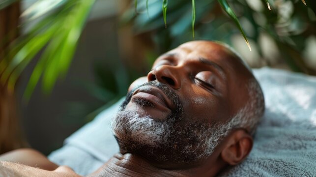 Mature man enjoying a relaxing massage at a wellness resort, embracing tranquility and self-care during a soothing summer getaway