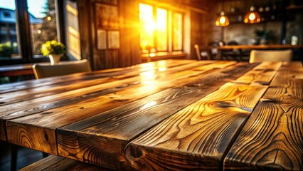 Warm natural light pours onto a rustic wooden tabletop, accentuating the intricate texture and organic imperfections of the reclaimed wood surface.