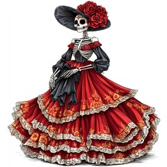 Obraz premium A vibrant skeleton dressed in traditional attire, adorned with flowers. A fusion of culture and art, celebrating life and death.