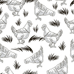 Fototapeta premium Grazing chickens monochrome seamless pattern