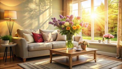 Warm sunlight illuminates a cozy domestic scene featuring a tidy living room with elegant decor, a vase of fresh flowers, and a comfortable couch.