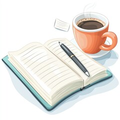 Naklejka premium A cozy scene featuring an open notebook, pen, and a warm cup of coffee, perfect for inspiration and creative writing.