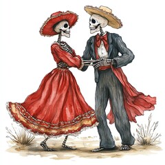 Obraz premium A vibrant illustration of dancing skeletons in traditional attire, capturing the spirit of celebration and culture.