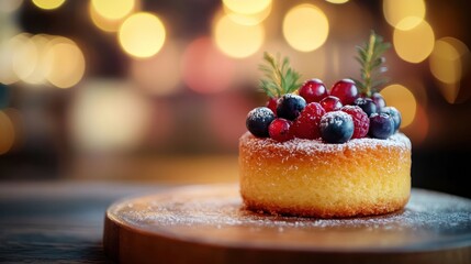 A small, round cake with a sprinkle of powdered sugar and fresh berries on top. The background is blurred with warm lights.