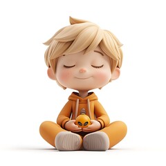 A cartoon child sitting cross-legged, holding a toy, with studio lighting, rendered in Blender. Created using Cinema 4D. Ultra high definition, white background, no shadows, no text on picture, 