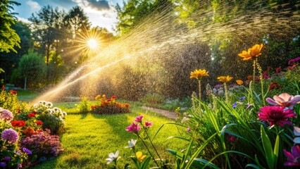 Water droplets sparkle in morning sunlight as a sprinkler system waters lush green grass and vibrant flowers in a serene and tranquil backyard garden setting.