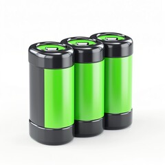 Three green and black rechargeable batteries standing upright on a white background, symbolizing energy and power storage.