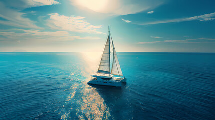 Fototapeta premium Drone viwe Yacht catamaran sailing on the sea with clear blue sky