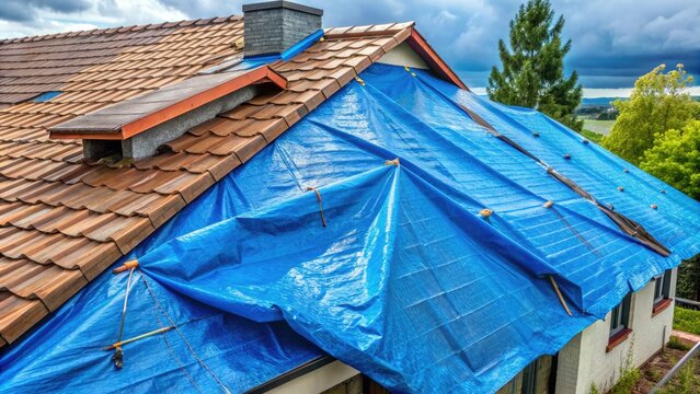 Waterproof blue tarp covers damaged roof, securing it from further rain or wind damage, temporarily preserving the structure until permanent repairs can be made.